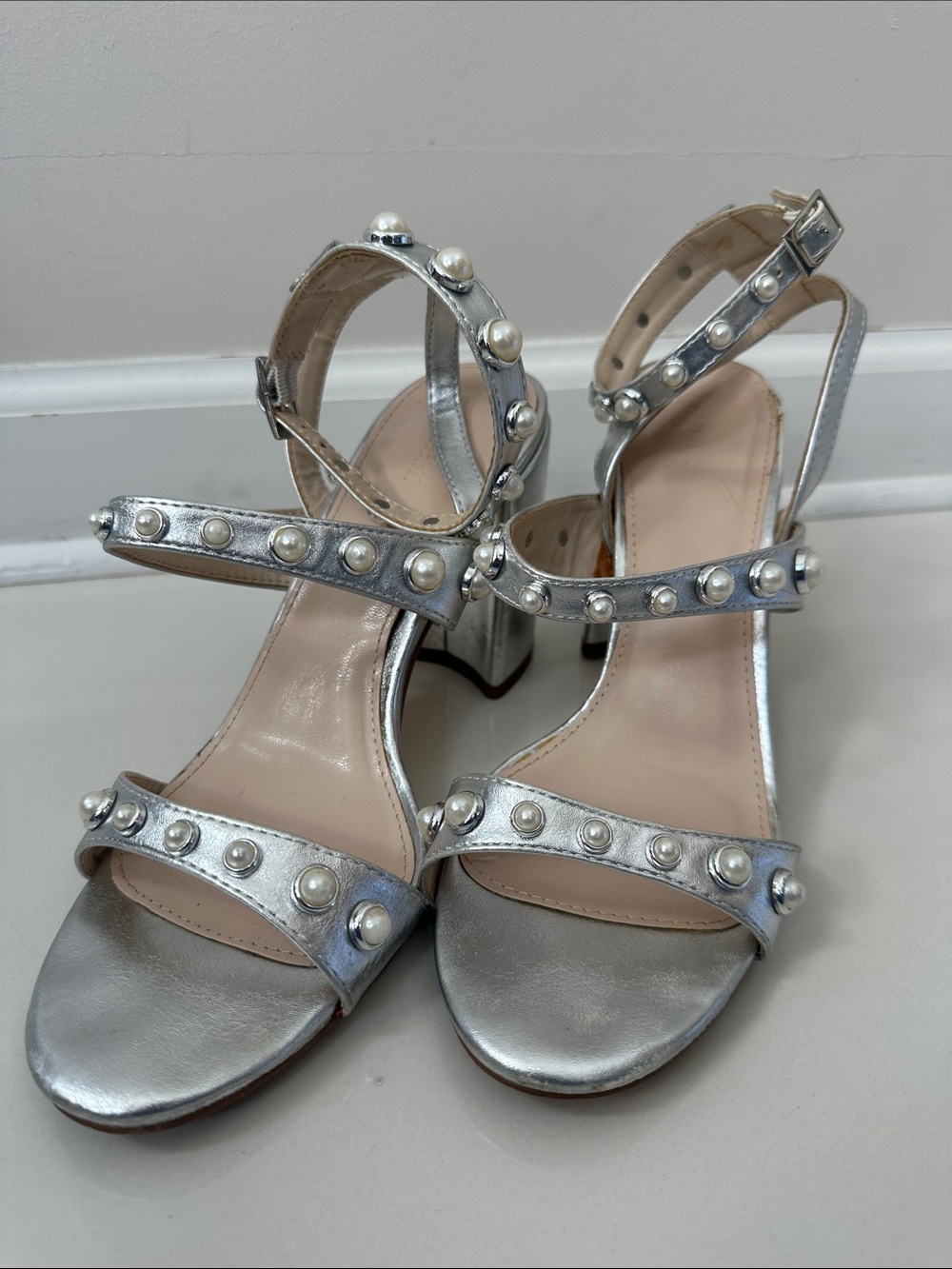 Forever 21 Silver Pearl-Stud Block Heel Sandals